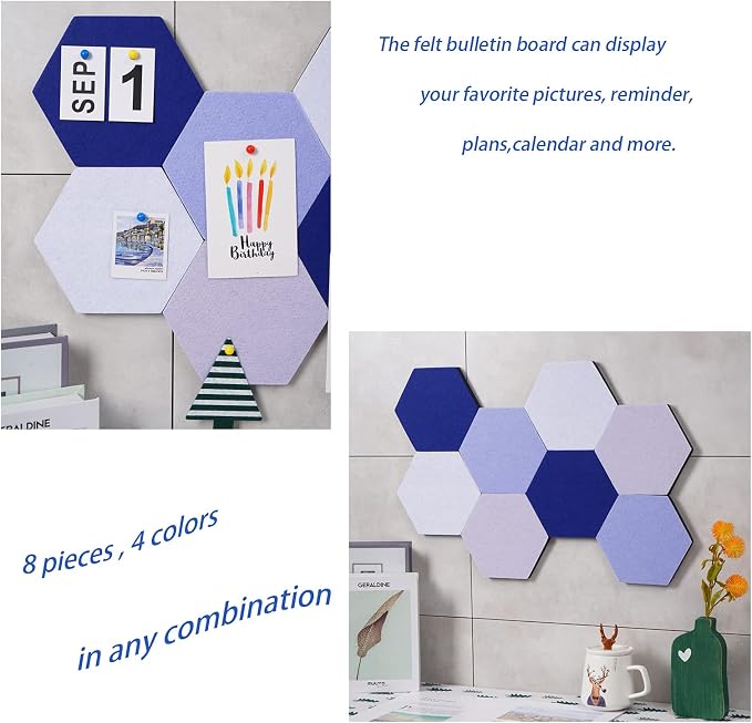 8Pcs Hexagon Felt Cork Board Tiles Self Adhesive Bulletin Board, Pin Board for Wall Decor Memos Photos Display (Set B)