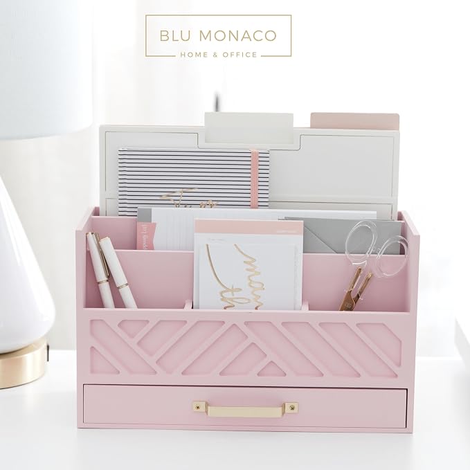 BLU MONACO | Pink Desk Organizers Wooden Mail Organizer with Drawer | Mail Sorter Organizer Countertop Gold Handle | Desk Organizers and Accessories Pink Office Storage