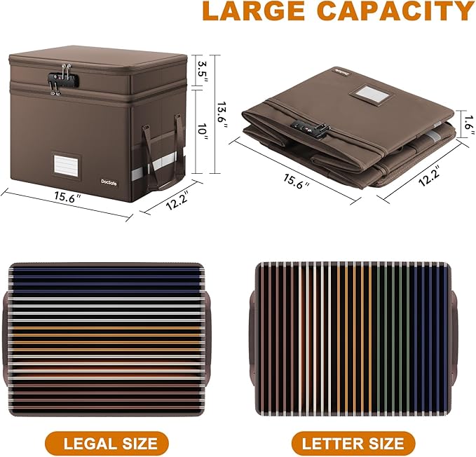 DocSafe File Box with Lock,Multi-Layer Fireproof Document Box Collapsible File Storage Organizer with Pockets/Handle,Large Portable Home Office Filing Box for Hanging Letter/Legal Size Folders,Brown