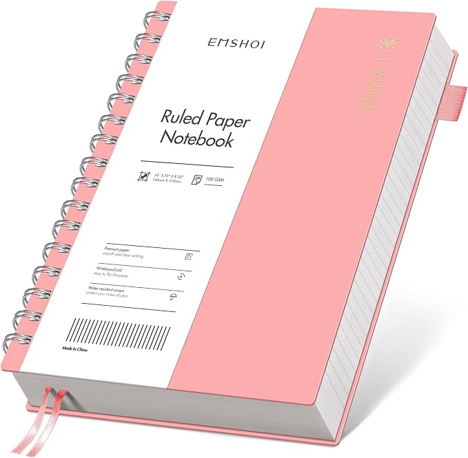 EMSHOI Lined Spiral Journal Notebook, 300 Pages, A5 Size (5.7'' x 8.2'') | College Ruled, 100 GSM Thick Paper, Flexible Plastic Cover, for School, Writing, Work, Office & Journaling (Pink)