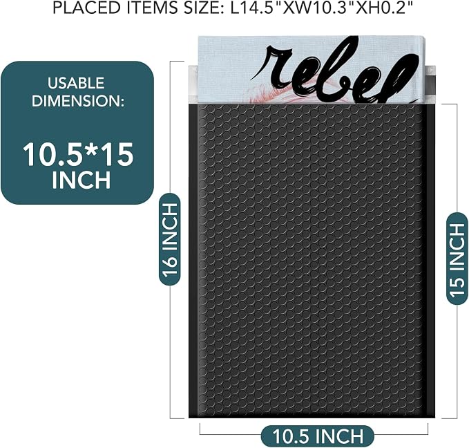 METRONIC Large Bubble Mailers 10.5x16" Padded Envelopes Black 40 Pack Seal | Usable Size 10.5x15",Waterproof Cushioning Bags,Mailing Shipping for Small Business Books Clothes Gifts,Bulk Pouches,#000
