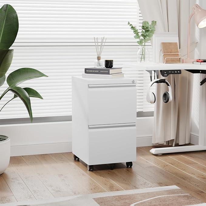 2 Drawer File Cabinet with Lock, Small Rolling Filing Cabinet for Home Office, Printer Stand, 2 Drawer Under Desk Filing Cabinet with Wheels for Legal/Letter/A4 (Fully Assembled,White)
