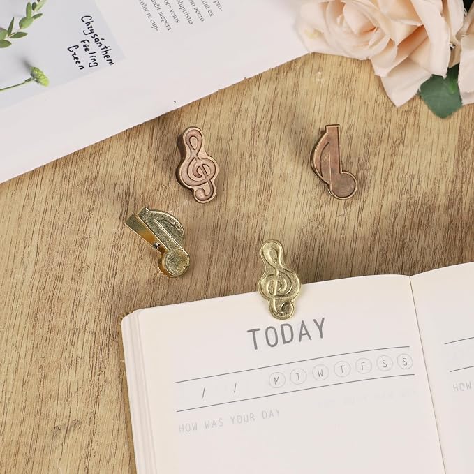 4Pcs Musical Note Metal Book Clip, Decorative Bronze Vintage Paper Clips for Journaling, Durable Alloy Book Clamps and Page Holders for Office, School, and DIY Stationery