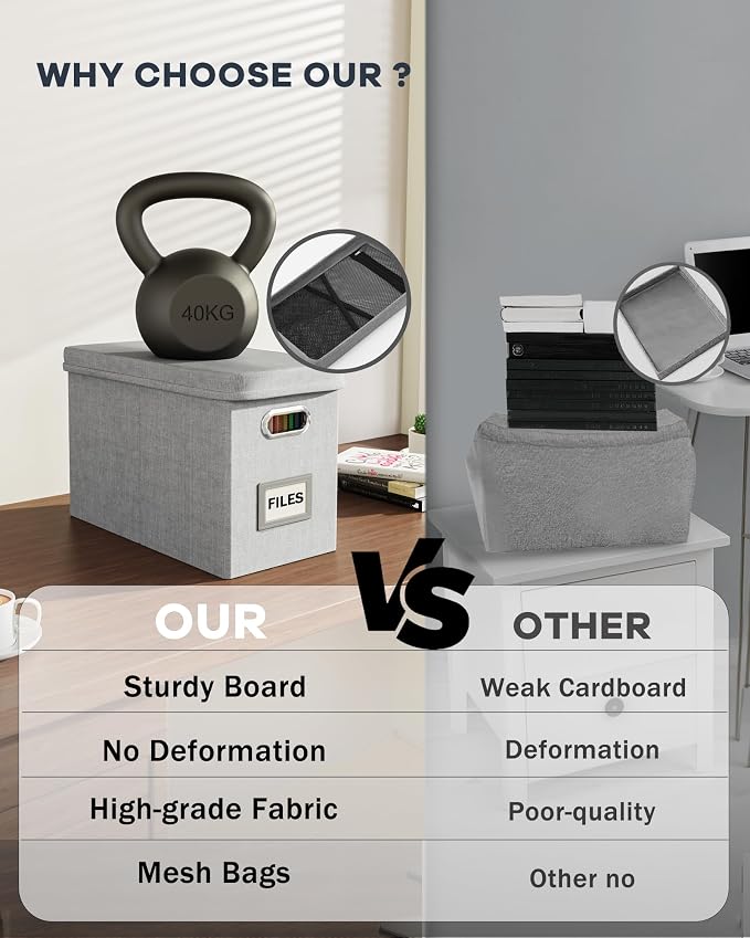 Hanging Filing File Box with Mesh Pocket, File Organizer Box with Lid, Collapsible Document Organizer Box for Letter Size, Easy Slide Durable Storage Box for Office/Decor/Home (2 PCS, Grey)