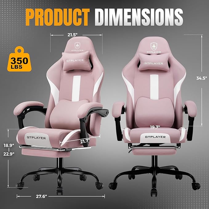 GTPLAYER Gaming Chair with Foot Rest & Pocket Spring Cushion, Breathable Fabric for Home Office Desk, Ergonomic High Back Computer Chair with Headrest & Lumbar Support, Pink