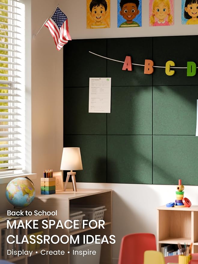 Bumusty 36"x 24" Large Felt Bulletin Board Tiles, Pine Green | 6-Pack Cork Board Alternative, Wall Decor, 30 Pushpins, 30 Adhesive Tabs, Vision Board, Office, Classroom, Home, Dorm