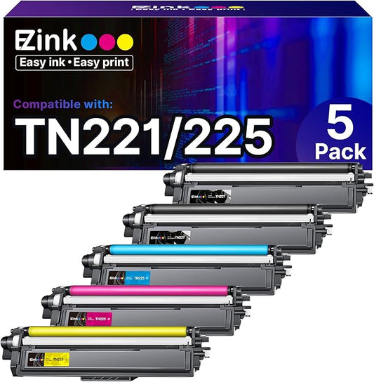 E-Z Ink TN221 TN225 Compatible for Brother TN-221 TN-225 Toner Cartridges | TN221 TN225 to Use with MFC-9130CW HL-3170CDW MFC-9340CDW HL-3140CW MFC-9330CDW (2 Black 1 Cyan 1 Magenta 1 Yellow, 5 Pack)