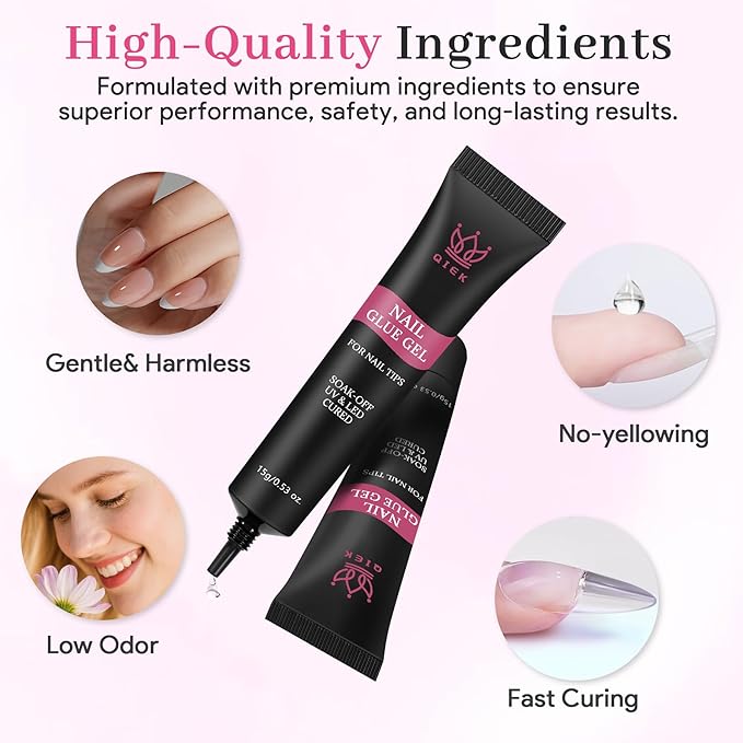 Nail Tips Gel Glue 15g - Lamp Curing Solid Nail Glue for False Acrylic Nails, Crystal Clear Long Lasting 28 Days No Yellowing Salon Quality DIY Home Manicure Beginner-Friendly