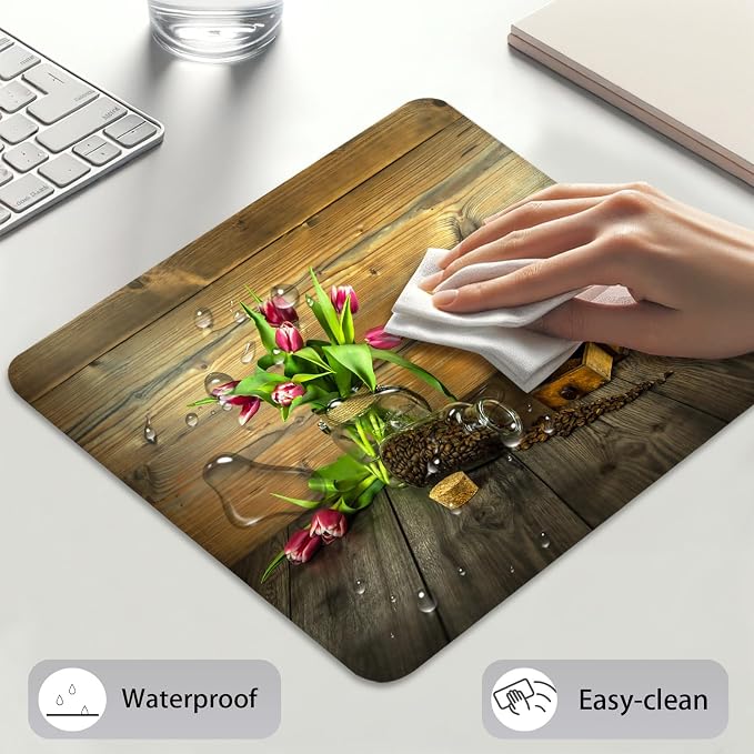 Vintage Coffee Beans Grinder with Pink Tulips Mouse Pad, Cute Desk Mat | Rustic Farmhouse Kitchen Design, Mousepad Stitched, Anti-Slip Base Smooth Surface, 9.5 x 7.9 Inches