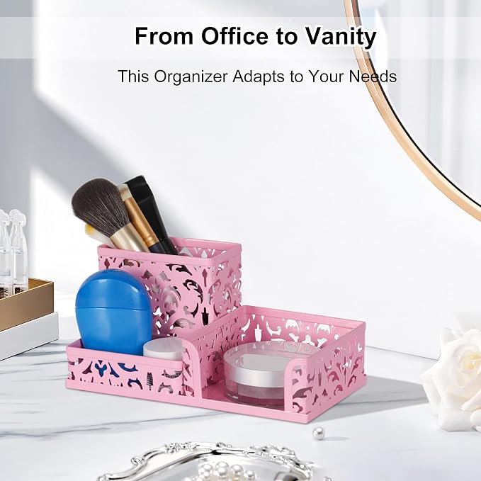 EasyPAG Desk Organizer 3 Compartment Pen Holder for Desk Office Supplies Caddy with Sticky Notes Holder for School Home, Pink