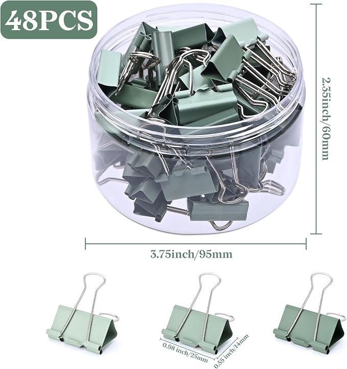 Temiary Binder Clips, Medium Metal Binder Paper Clip Green 0.98Inch, 48 Pcs | Colored Binding Paperwork Clamp Bulk for Office, Home, School
