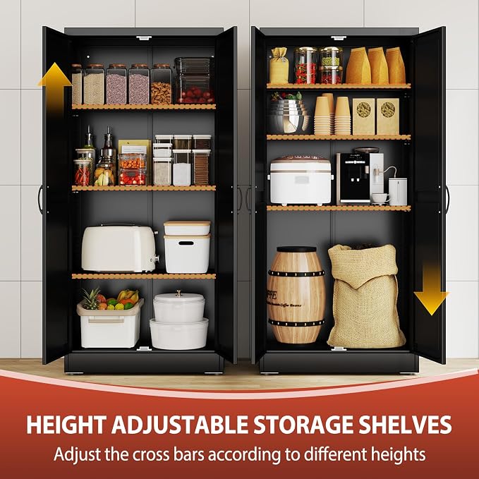 PAOFIN 63" Black Metal Storage Pantry Cabinet | Tall Kitchen Pantry Storage Cabinets with 2 Doors and 3 Shelves, Large Cupboard for Home,Kitchen,Dining/Living Room