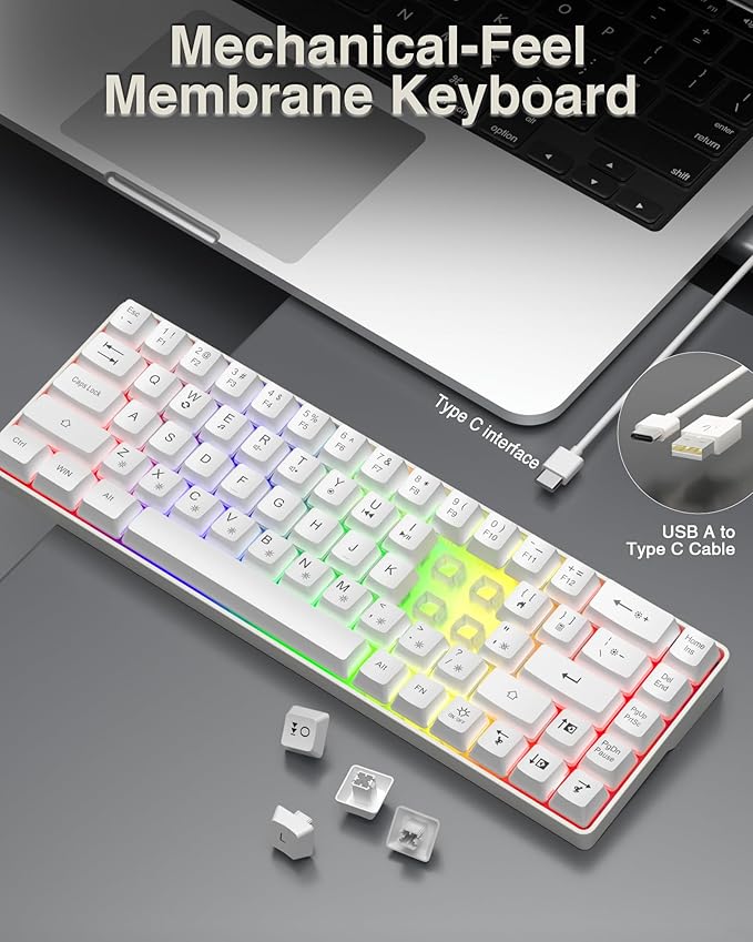 60% Gaming Keyboard,Small Keyboard USB-C Wired,Compact Mini Teclado Gamer,68 Keys RGB Backlit Portable Membrane Keyboards for Business Trips,Office,PC Games (SK968,White)