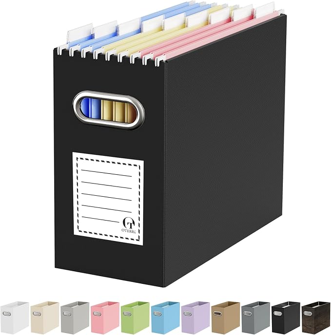 Portable Collapsible Cardboard File Box with Handle for Letter-Size | 1-Pack. Stainless Steel Handle. Label Stickers Included. Fits Letter Folders (Not Included). Home, Office, School, Dorm, Tax.