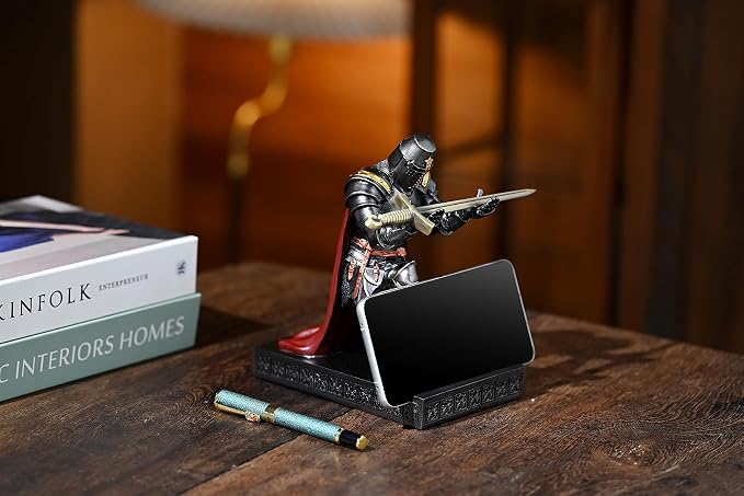 Medieval Templar Vanguard Officer Knight Pen Holder Desk Organizers Iron | Pencil Stand Paperweight Desktop Decoration Accessories Cell Phone Stand with a Fancy Sword for Medieval Warrior Enthusiast