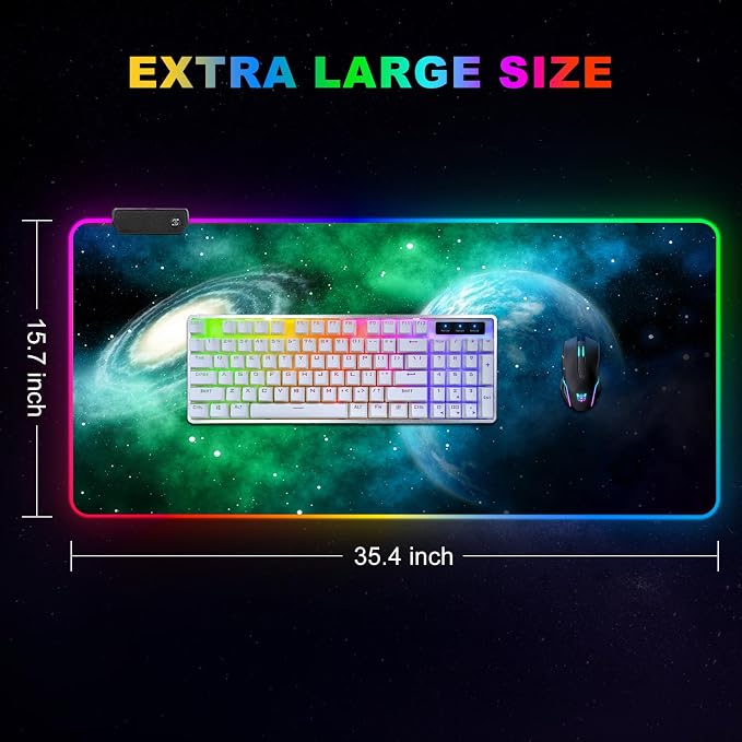 Large RGB Gaming Mouse Pad, Led Big Mouse mat with 14 Light Modes, Extended Soft Computer Keyboard Mat Non-Slip Rubber Base, Green Planet Nebula