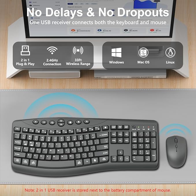 Wireless Keyboard and Mouse Combo, Quiet Ergonomic Curved Keys(Graphite) | 2.4G Full Size Ergonomic Keyboard, 3-Level DPI Adjustable Silent Mouse for Windows, Mac OS, Desktop/Laptop/Office and Home