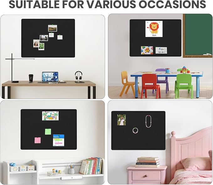 Bulletin Board 24" x 18" Felt Cork Board - Decorative Pin Board, Black | Cork Board Alternative for Wall, Foldable Self-Adhesive Vision Board Prayer Board with Pushpins for Home Office Classroom