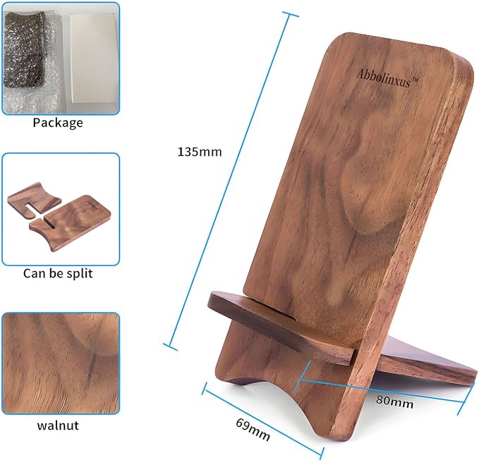 Solid Wood Phone Stand, Desktop Wooden Phone Stand, Simple Phone Holder, Compatible with All Phones (Walnut Wood)