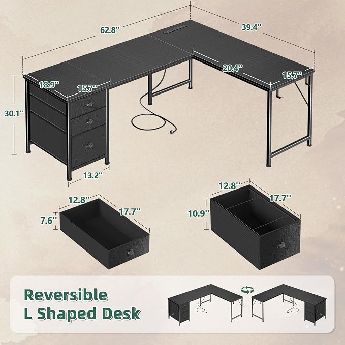 Furologee 63" L Shaped Desk with Power Outlets & USB-C Port, Reversible Corner Computer Desk with 3 Fabric Drawers, Hooks, Home Office Desk for Gaming, Writing, Work, Black