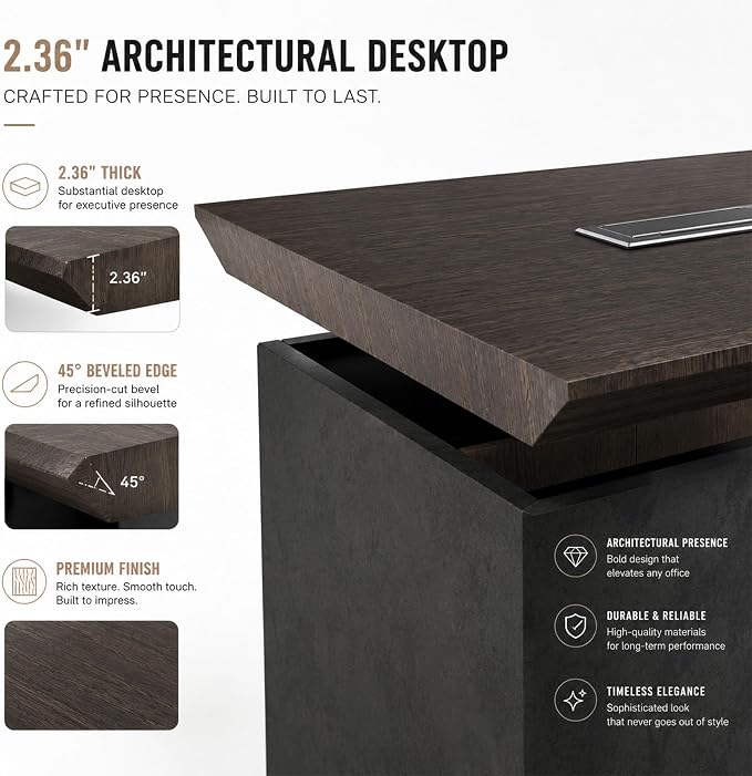 SAINTCY 86.6in Adjustable Executive Desk - Luxury L Shaped Desk with Drawers, Large Table with File Cabinets, Executive Office Desks with LED Light Strip Home Office Desk for Professionals