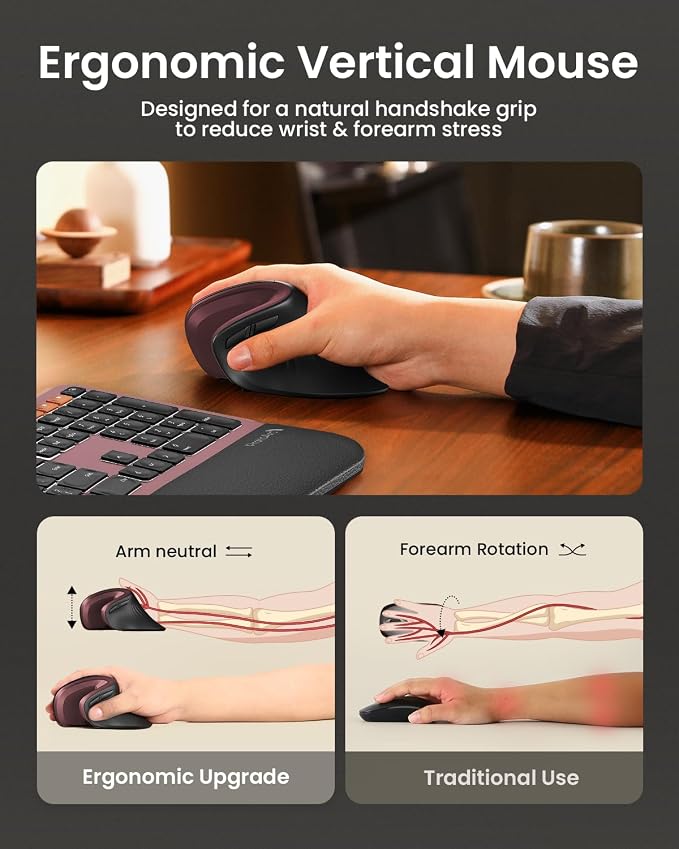 ProtoArc EM11 NL Wireless Ergonomic Vertical Mouse, Rechargeable, Wine Red | 58° vertical design supports a natural wrist posture, connect 3 devices via Bluetooth/2.4G USB-A, 500mAh USB-C rechargeable.