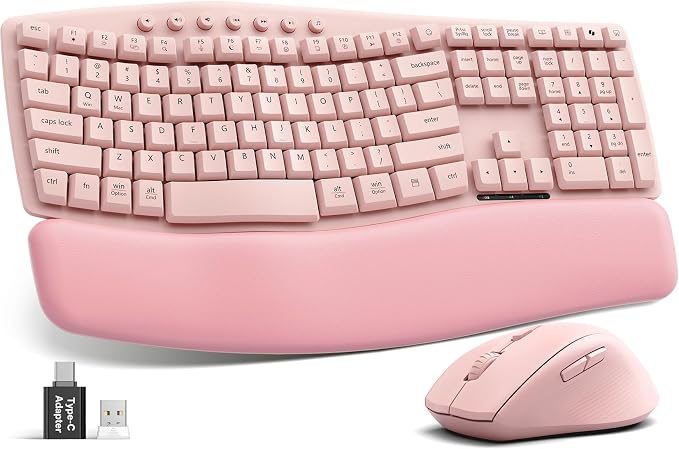 Pink Wireless Keyboard and Mouse Combo, Ergonomic Wave, 30dB Quiet, MA41