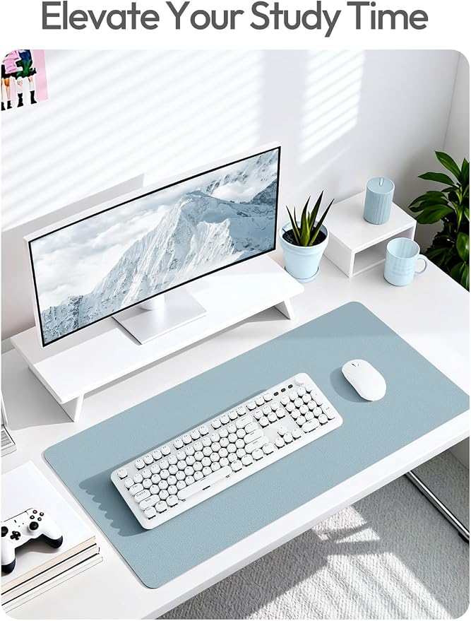 YSAGi Leather Desk Protector, Office Mat, Large Mouse Mat, Non-Slip PU Leather Blotter, Laptop Desk Mat, Waterproof Writing Pad for Office and Home(Ice Blue, 63" x 24")