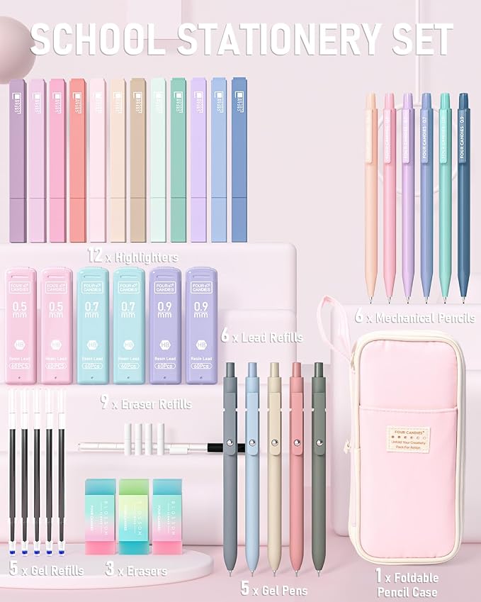 Four Candies School Supplies with Cute Pencil Case, 39ct, Pink | Back to School Stationery Set, Essentials for College & Nursing Students, 5 Gel Pens, 6 Mechanical Pencils, 12 Highlighters