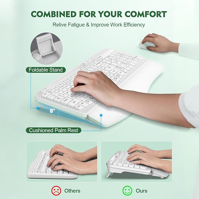 Wireless Keyboard and Mouse Combo, Wave Keys Full-Sized Ergonomic Keyboard with Cushioned Plam Rest, Phone Holder, Comfortable Natural Typing, 2.4G Cordless Set for Computer, Laptop, Pc, Mac, Windows