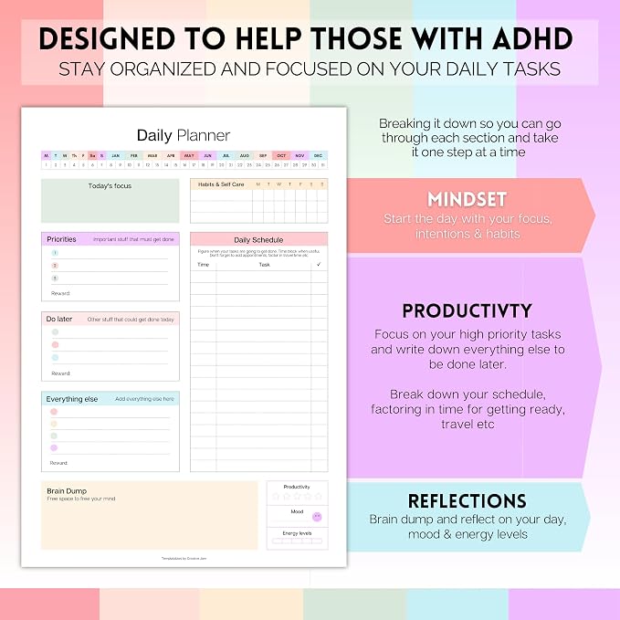 ADHD Daily Planner Notepad for Neurodivergent Adults - Productivity Daily Planner Desk Pad & Task Management to Stay Organized and Focused Note Pad (Rainbow, A4 Portrait)