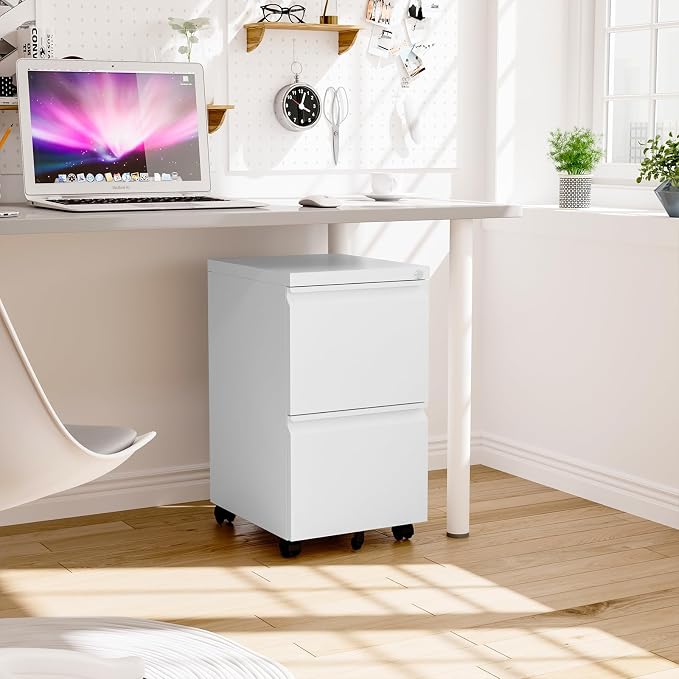 2 Drawer File Cabinet with Lock, Small Rolling Filing Cabinet for Home Office, Printer Stand, 2 Drawer Under Desk Filing Cabinet with Wheels for Legal/Letter/A4 (Fully Assembled,White)
