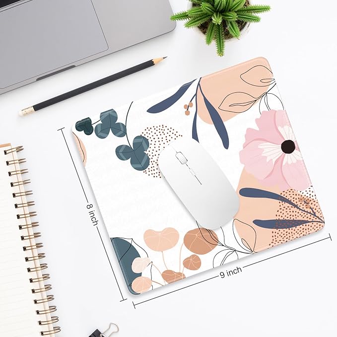 Mouse Pad, Minimalism Marble Style Computer Pad, Anti-Slip Rubber Mouse Mat with Stitched Edges for Gaming, Office, Laptop, PC, Women, 9" x 8" Thick 3 mm, Minimalist Flower
