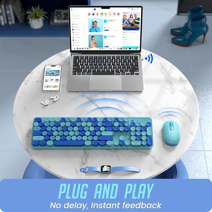 Wireless Keyboard and Mouse, Full-Sized Typewriter Keyboard Silent, Blue | USB Full-Sized Quiet Keyboard, Cute Colorful Round Keycaps, Plug & Play, Compatible with PC, Computer, Laptop