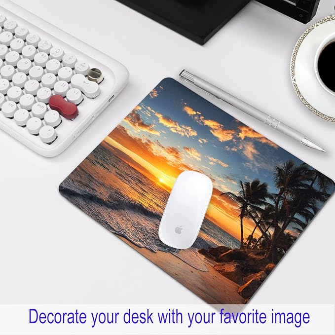 Sunset Beach Mouse pad 9.5"x7.9" Non-Slip 3mm Small Computer Pad | Personalized mousepad with tropical ocean palm landscape print. Premium smooth fabric surface, 3mm cushion & rubber base.