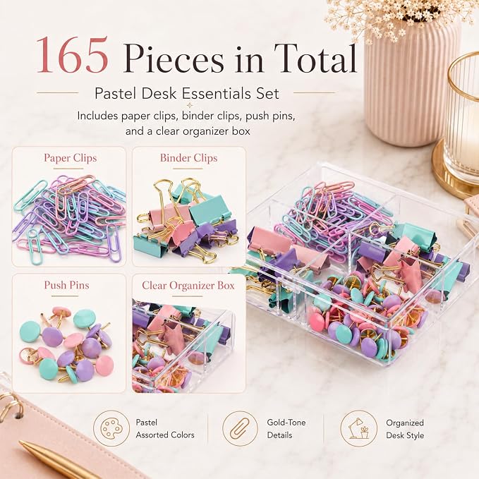 Paper Clips and Binder Clips Push Pin Set, Assorted Size Clip | 165-Piece Decorative Paper Clip Set, Cute Desk Accessories for School, Home, Office, Desk, Documents, Pastel Color