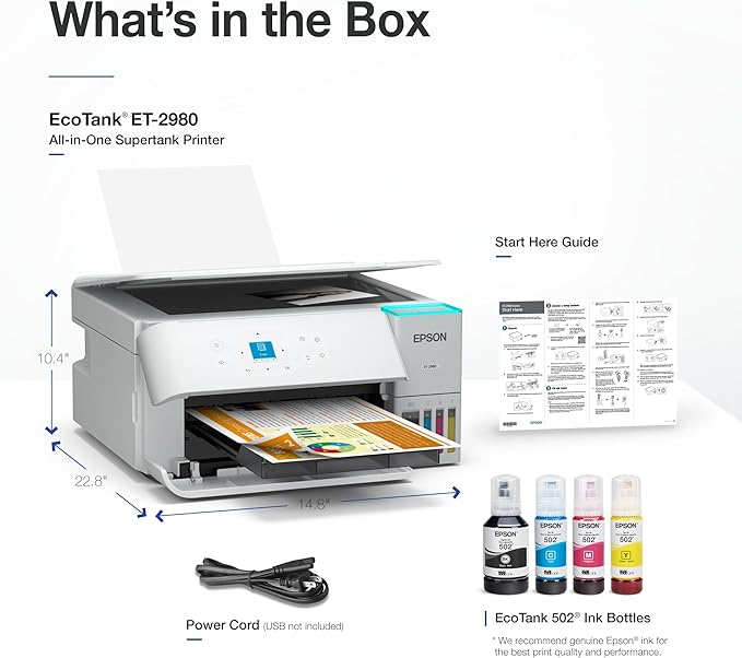Epson EcoTank ET-2980 Wireless All-in-One Color Supertank Printer with up to 3 Years of Ink Refillable Tanks, Perfect for Home, 15 PPM, 1.44" Colorful Screen, Auto 2-Sided Printing - White