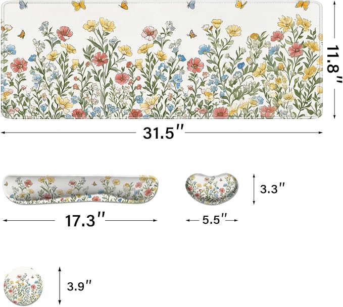 Desk Pad and Keyboard Wrist Rest, Large Mouse Pad + Keyboard Pad+Mouse Wrist Support, Non-Slip Desk Mat Protector for Office, Home 31.5×11.8 Inches Spring Floral