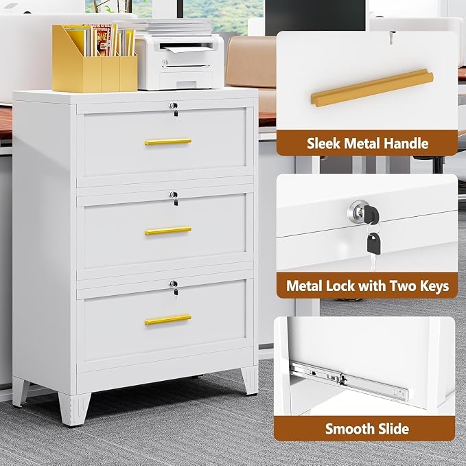 3 Drawer Metal File Cabinet with Lock,Lateral Filing Storage Cabinets,Steel Wide File Organization for Legal/Letter/A4/F4 Size with Hanging Files&Key,Lockable Printer Stand for Home Office, White