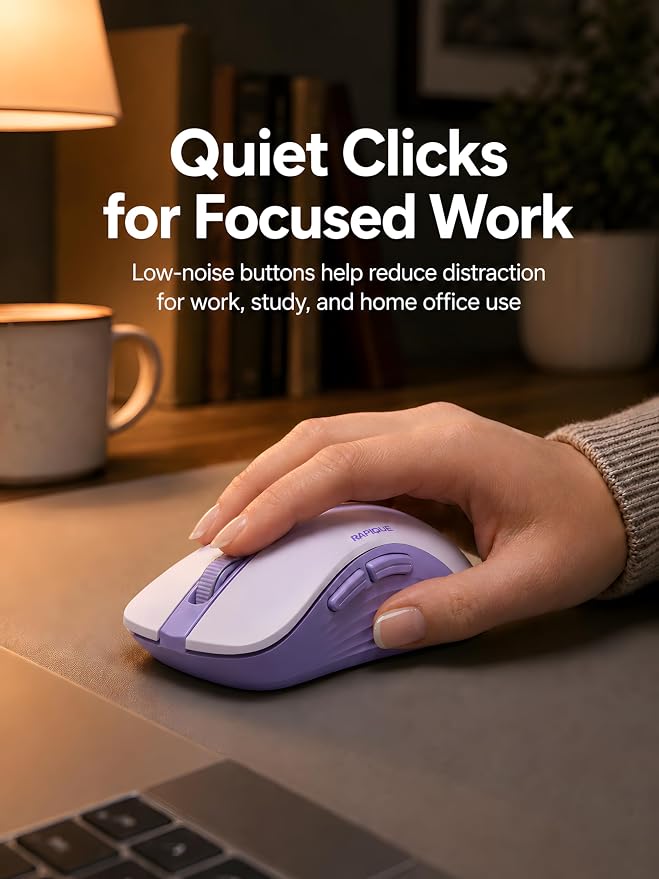 RAPIQUE Bluetooth Wireless Mouse, Dual Bluetooth & 2.4GHz, Purple | Right-Hand Design, Quiet Clicks, Low Power, 3-device switching, Portable Multi-Device for MacBook, Laptop, Computer, iPad, PC