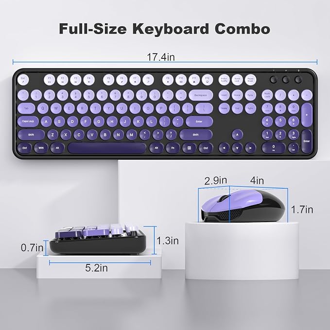 MOFII Wireless Keyboard and Mouse Combo, 2.4GHz Retro Typewriter Keyboard Full Size, Cute Wireless Mice, USB Dongle Plug and Play, for Laptop, PC, Desktop, Windows (Black Purple Gradient Color)