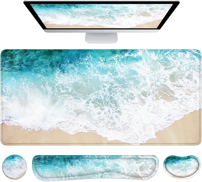 Large Mouse Pad with Wrist Rest, 4-in-1 Wrist Rest for Keyboard and Mouse | Non-Slip Waterproof Desk Mat Set, 35.4"x15.7" Desk Mat+Keyboard Wrist Rest+Mouse Wrist Support+Cup Coaster for Home Office