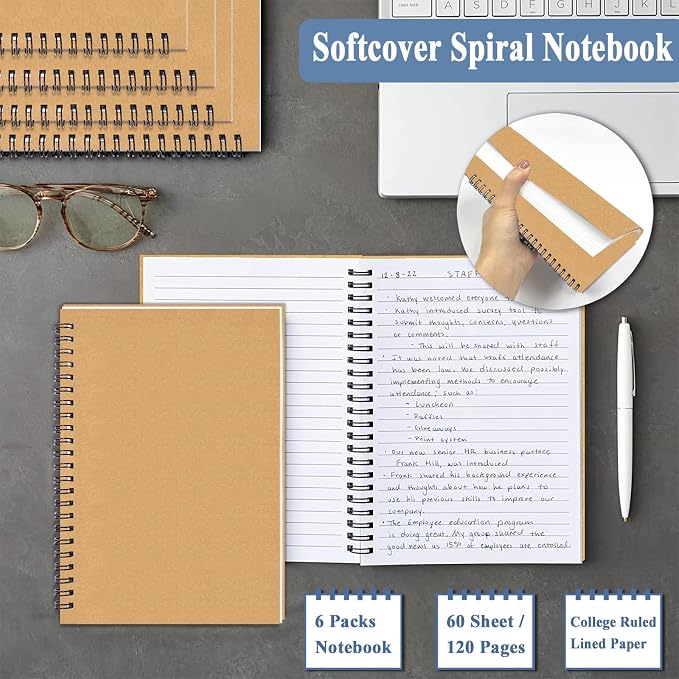 12Pack Spiral Notebook, 5.7x8.3” Small Notebooks for Work 120Page Note Pads | Multipack Blank Kraft A5 College Ruled Notebook Journal Spiral Bound for Writing Lined Notepad for Office School Journaling