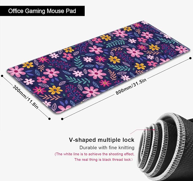 Purple Pink Flowers Desk Mat, Daisy Floral Extended Large Gaming Mouse Pad, Non Slip Rubber Base Stitched Edge Desktop Desk Pad for Computer, Christmas and Thanksgiving Gifts, 31.5 x 11.8 in
