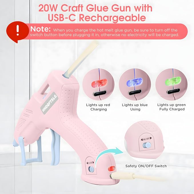 Pink Cordless Hot Glue Gun with 30 Sticks, Fast Heating 2.6Ah Rechargeable | 20W Anti-Drip Glue Gun and Sticks Set (0.27"×6") USB-C Rechargeable Mini Glue Gun Ideal for School Crafts DIY Making Repairs