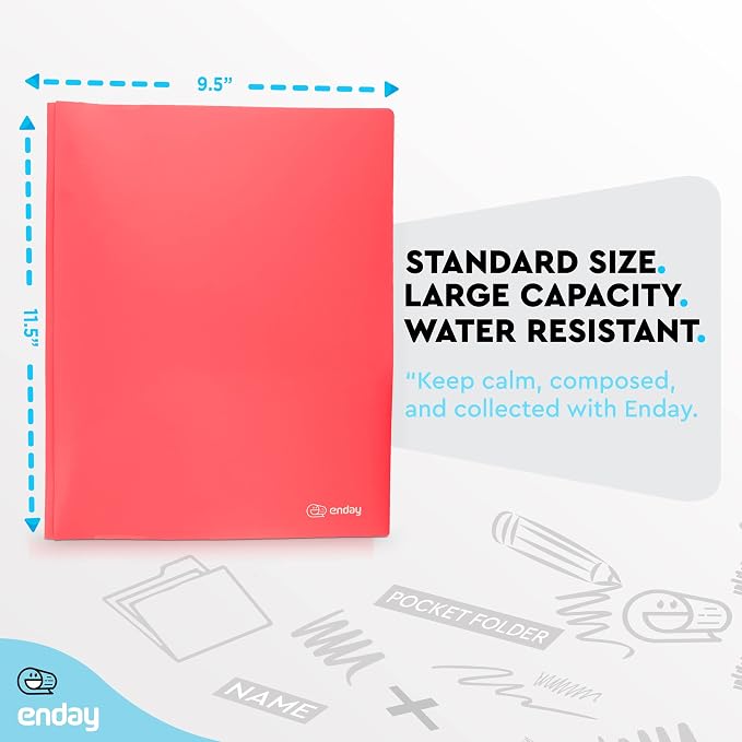 Plastic Folders with Pockets and Prongs Red - Two Pocket Folder with Brads - 3 Prong Folders with Pockets for Letter Size Sheets, Also Available in Blue, Green, Purple, Pink, and Grey, 1 Pc –by Enday