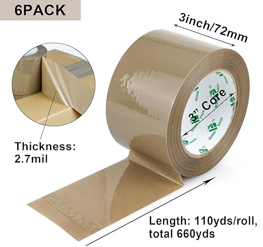 BOMEI PACK 3 inch Brown Packing Tape, 6 Refills Rolls Heavy Duty Wide Packaging Tape for Moving, Shipping, Mailing and Storage, 2.7 Mil x 110 Yards