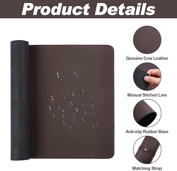 Tegeme Leather Desk Mat Large Desk Pad 23.6 x 13.7 Inch Non Slip Table Protector with Stitched Edges and Rubber Base Dark Brown Stylish Workspace Accessory Laptop Mat Smooth Writing for Home Office