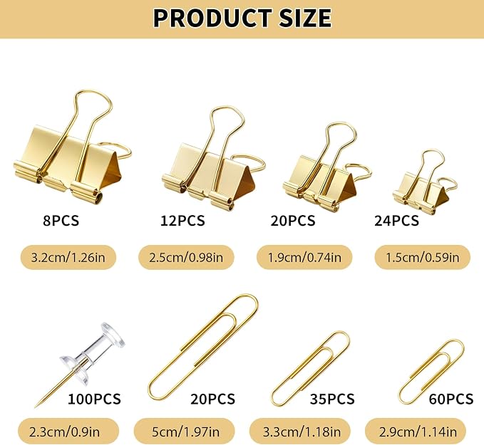 BESARME Gold Paper Clips, Binder Clips & Push Pins Set, 279 PCS | Assorted sizes, back to school supplies, reusable metal clips, 6-compartment organizer box, for office, school and home use