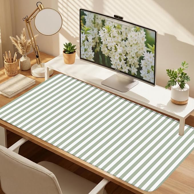 Sage Green Striped Desk Mat Cute Pastel XXL Large Gaming Mouse Pad Desk Pad Kawaii Aesthetic Home Office Decor Cozy Keyboard Laptop Computer Mat